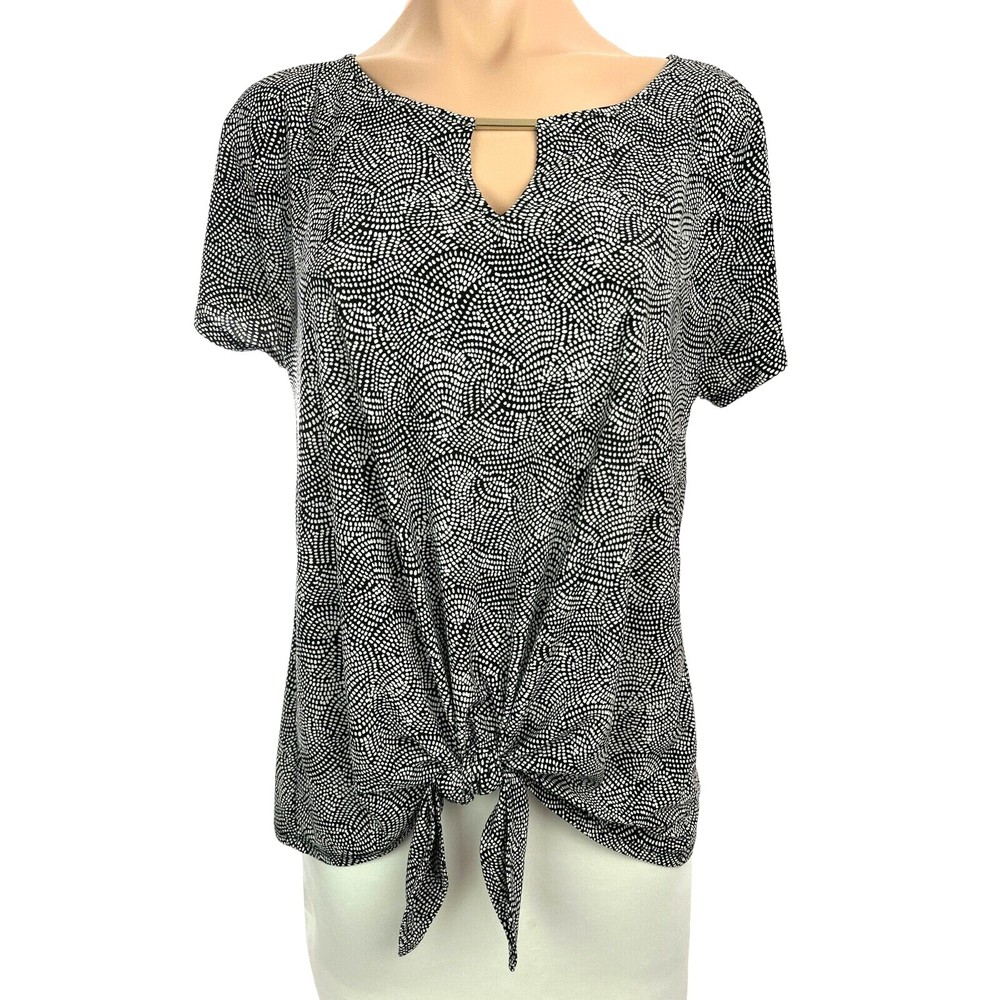 Roz & Ali Pullover Top Blouse Size S Black w/ White Dots Tied Knot at Hem